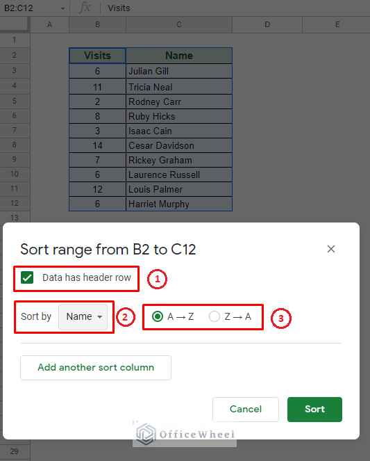 the advanced sort range window with options